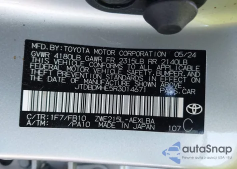 2024 Toyota Corolla Hybrid Le z USA, uszkodzony, nr VIN JTDBDMHE5R3014671